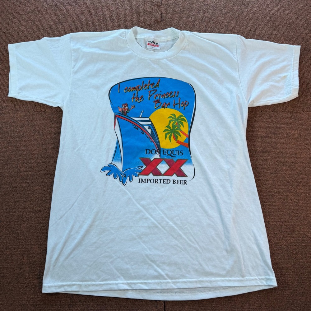 Vintage Princess Bar Hop Dos Equis Beer T-Shirt Mens Large White Cruise Graphic